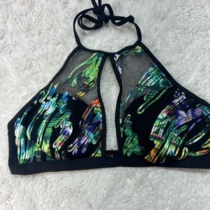 Kenneth Cole High Neck Halter Bikini Top Swimsuit colorful  Black Size M NWT 441